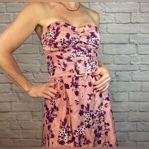 Express Y2K Silk Floral Strapless Fit and Flare Belted Dress